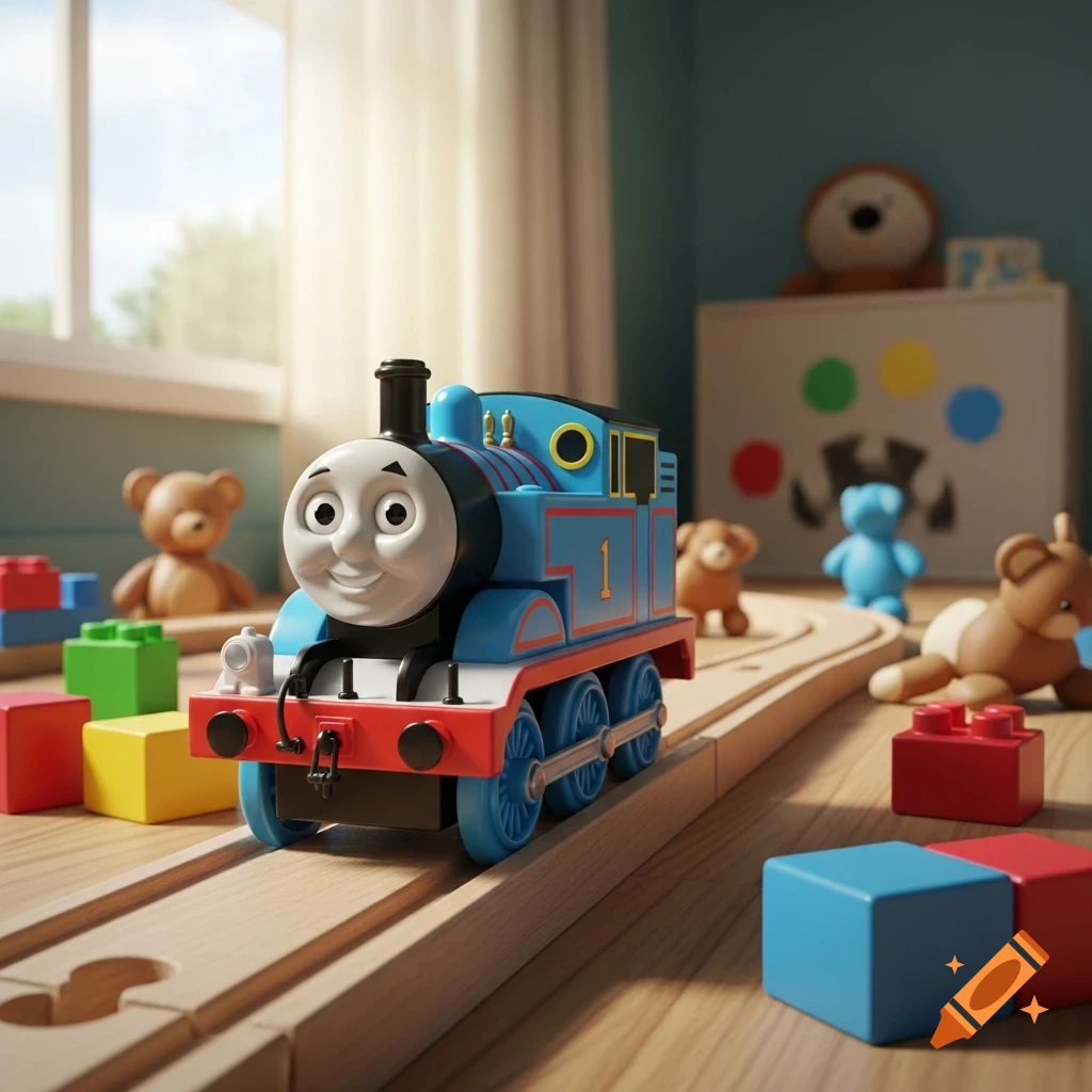 A photorealistic toy Thomas the Tank Engine sits on wooden tracks in a bright playroom with colorful blocks and teddy bears.