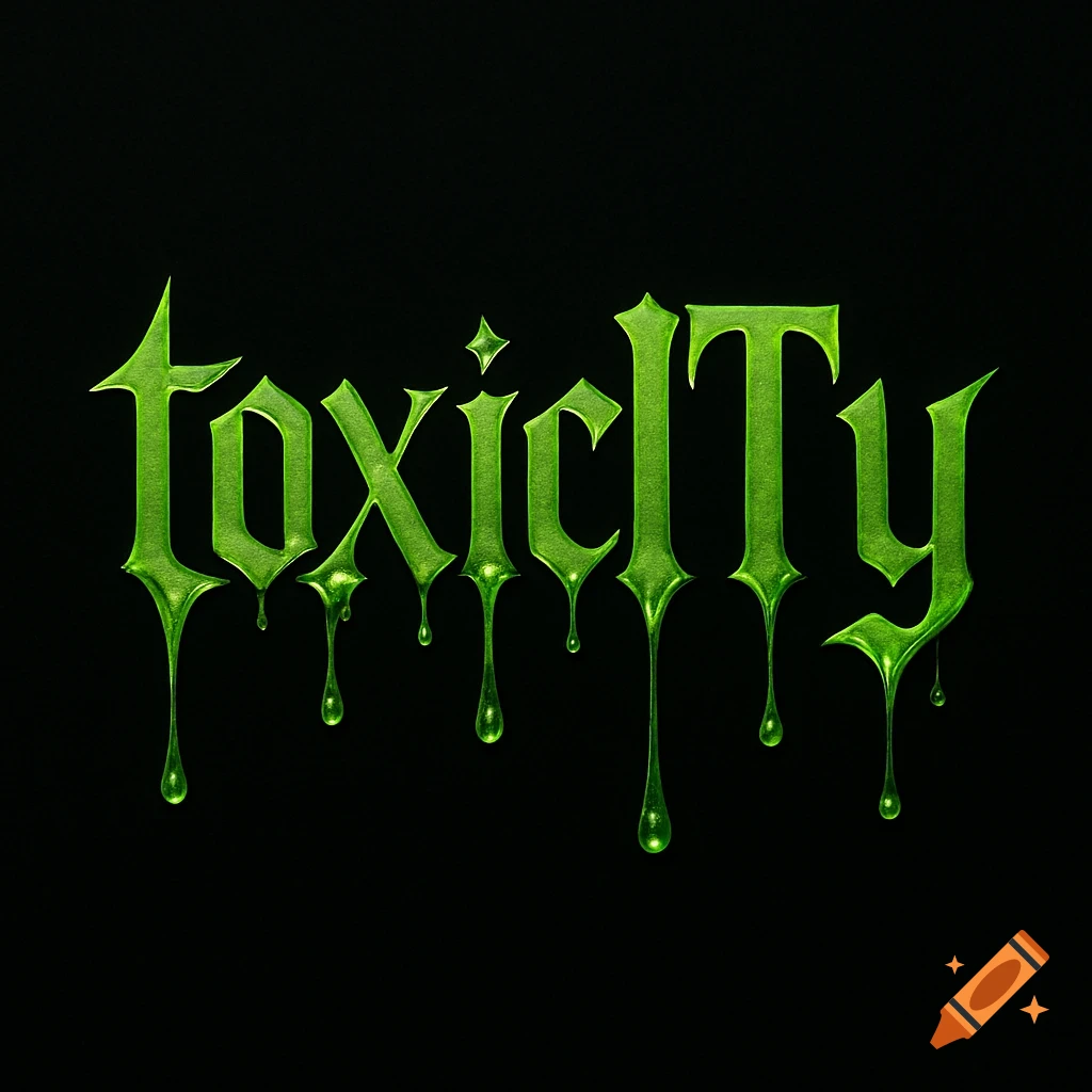 The word 'toxicITy' rendered in dripping, glossy, bright green slime against a black background.