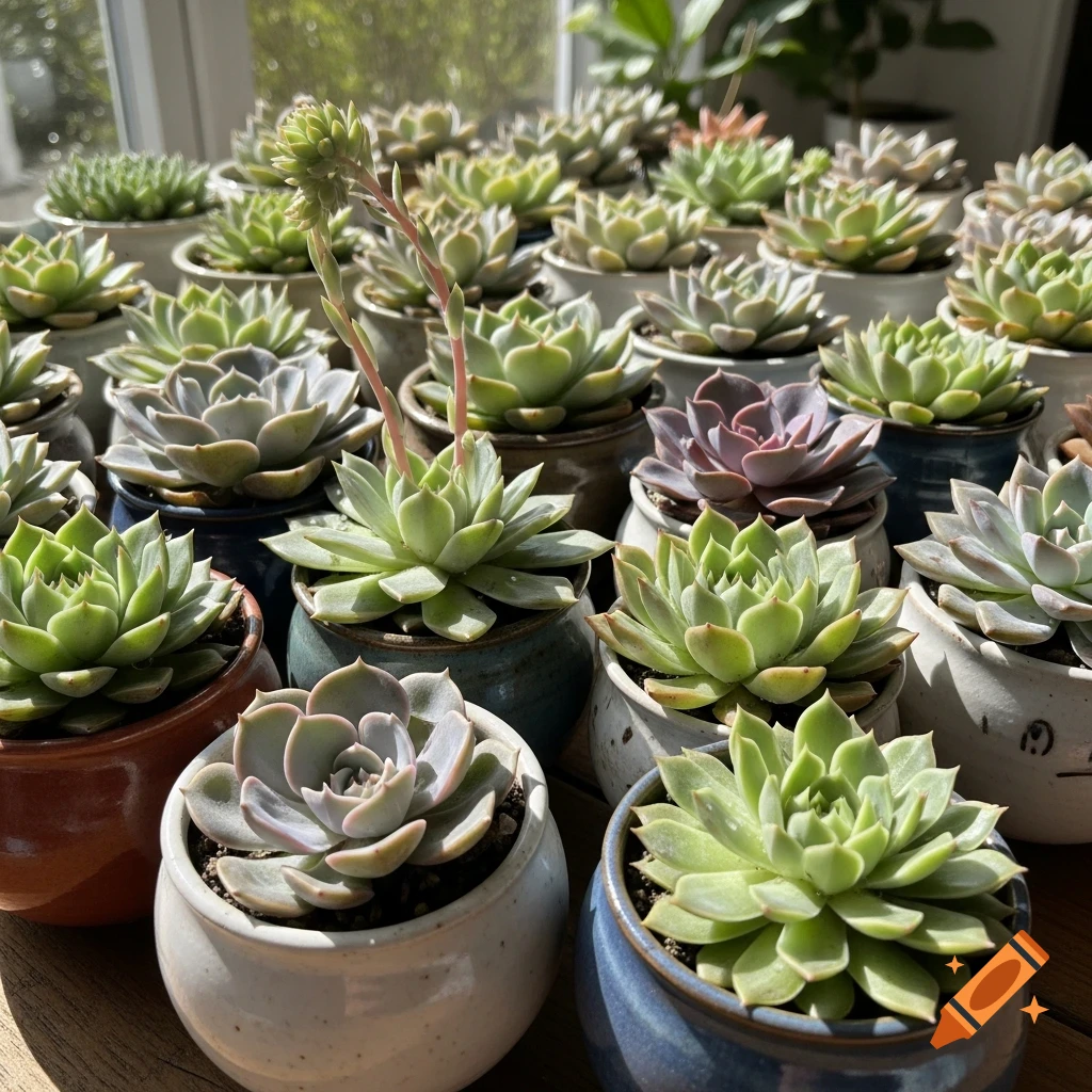 A vibrant collection of green and purple succulent plants in various ceramic pots, bathed in sunlight.