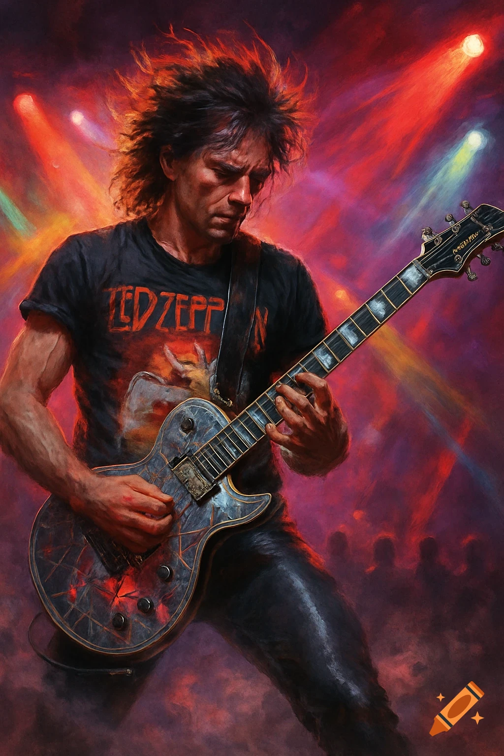 A male rock guitarist with spiky hair plays an electric guitar on stage, bathed in red and purple stage lights, in a painted style.