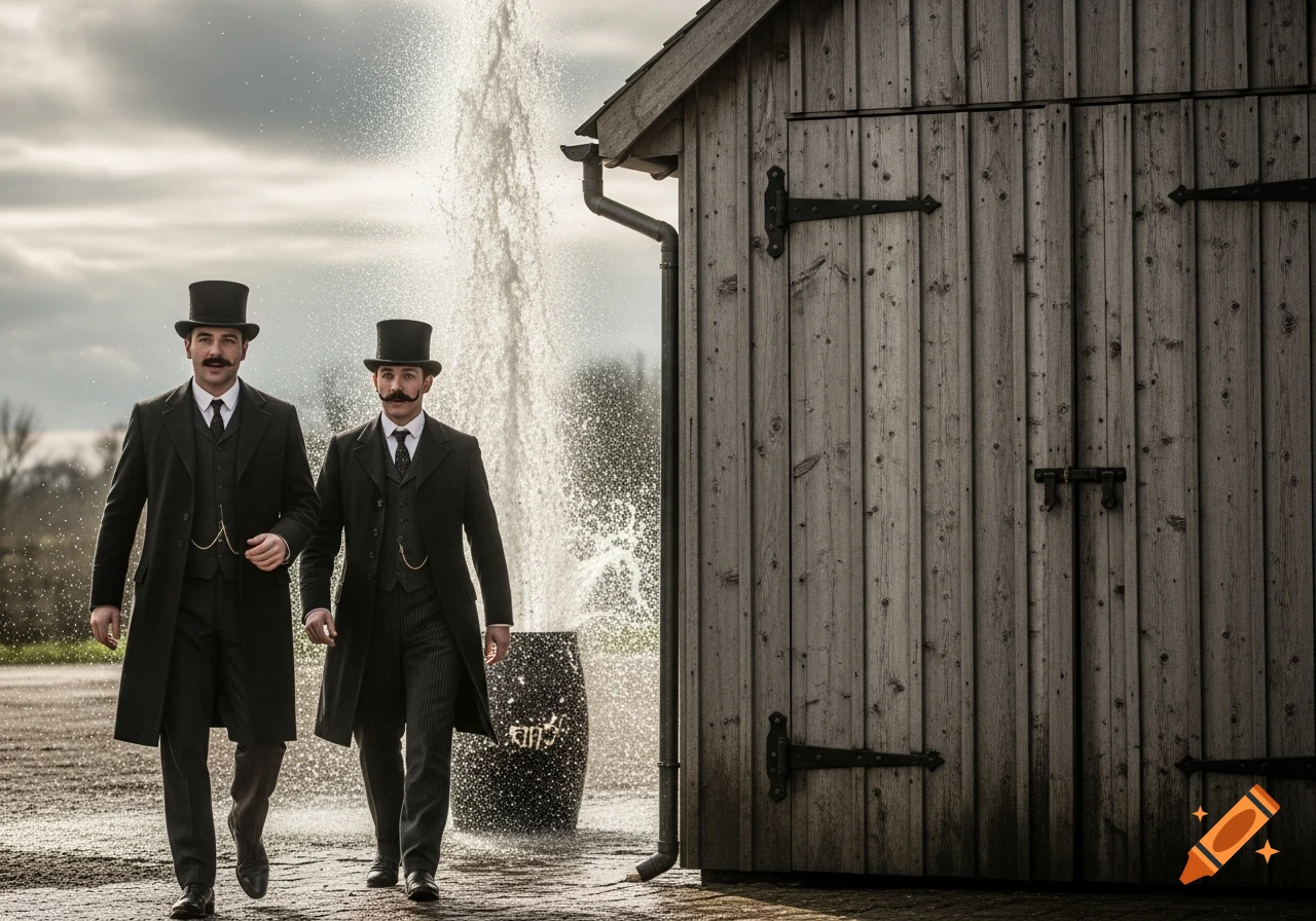 Two Victorian men in suits and top hats walk away from a wooden shed as water erupts behind them.