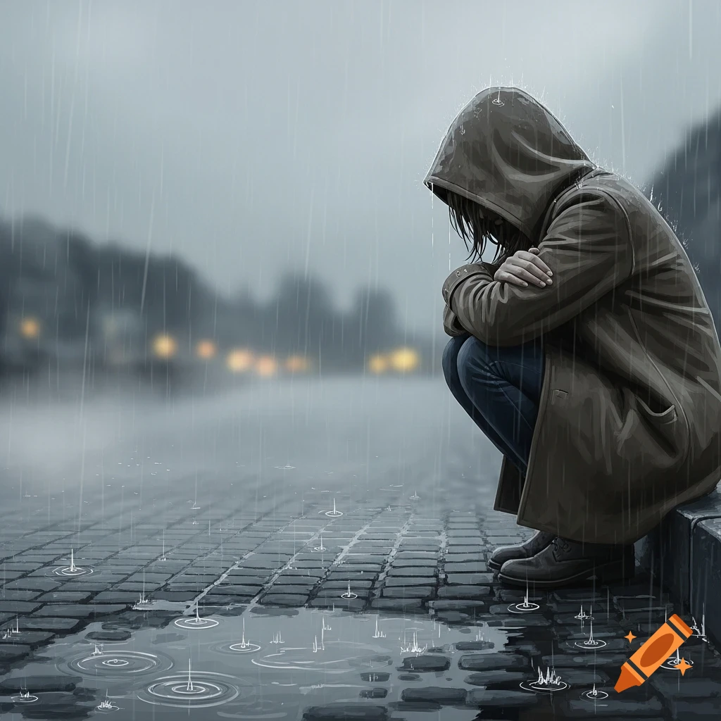 A person in a hooded coat crouches on a wet cobblestone sidewalk in the rain, with blurry city lights in the background.
