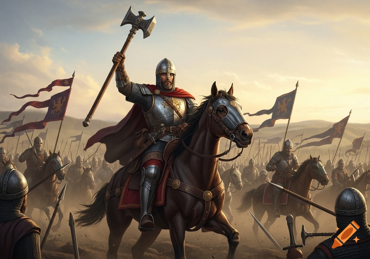 A medieval knight in shining armor on a horse raises a war hammer, leading an army into battle on a dusty field.