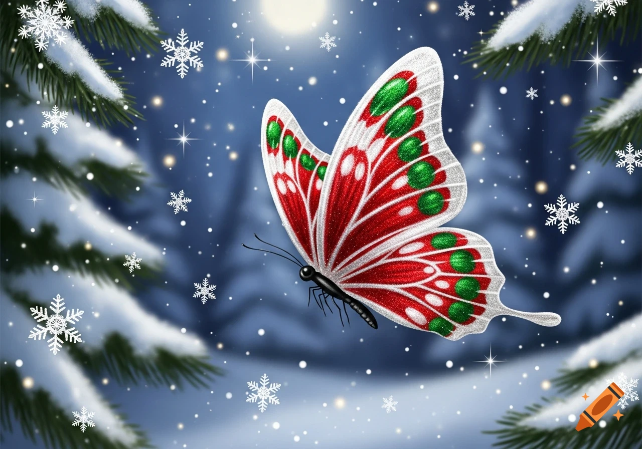 A red, green, and white Christmas butterfly with sparkling wings flies through a snowy winter forest at night, surrounded by snowflakes and pine branches.