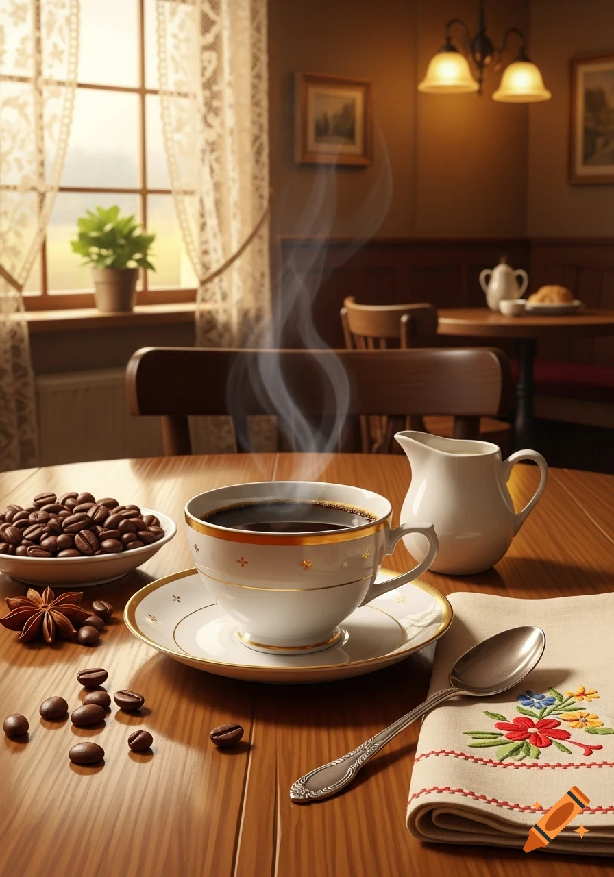 A steaming cup of coffee, scattered beans, a creamer, and an embroidered napkin on a wooden table in a sunlit cafe.