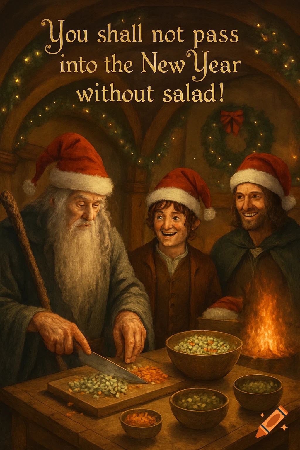 Gandalf chopping salad with Frodo and Aragorn in Santa hats in a festive scene. Text: 'You shall not pass into the New Year without salad!'