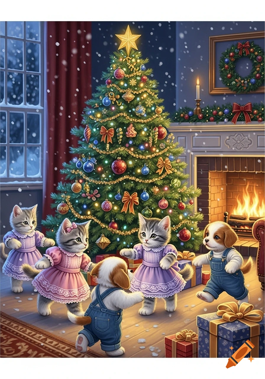 Cute puppies in overalls and kittens in frilly dresses dancing around a brightly decorated Christmas tree, with a fireplace and snowy window.