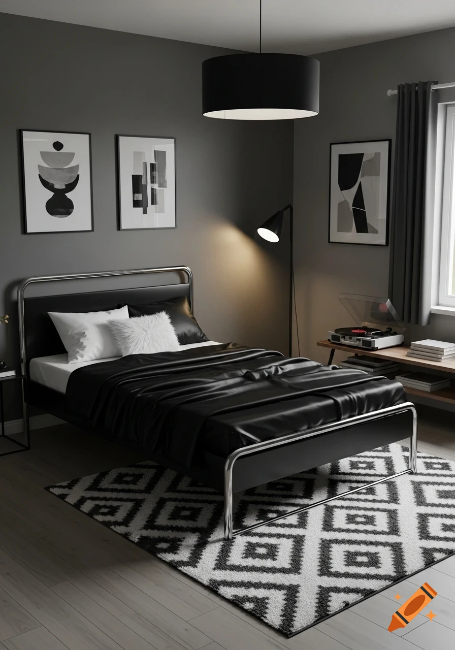 A modern, monochromatic bedroom featuring a black metal bed with satin sheets, white pillows, a geometric rug, gray walls, and minimalist decor.