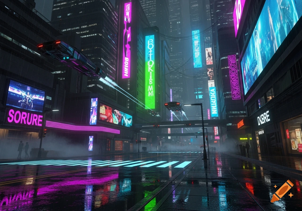 A dark, futuristic cyberpunk city at night, with neon signs glowing ...