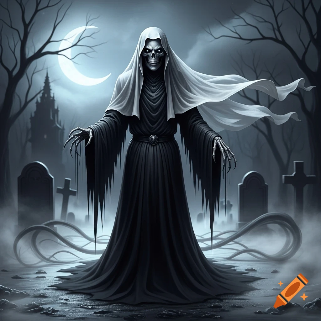 A menacing Grim Reaper in a flowing white veil stands in a dark, foggy graveyard under a crescent moon, with a castle in the background.