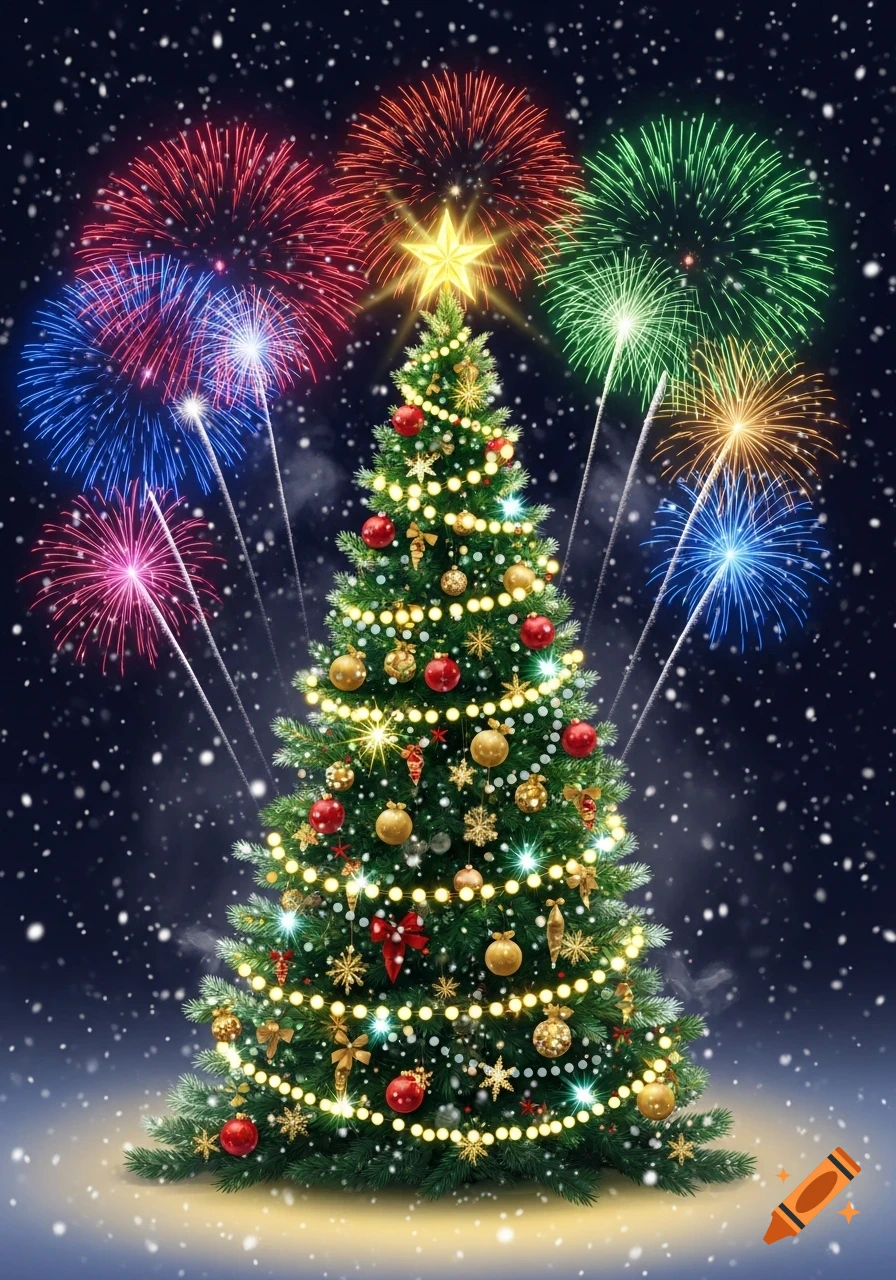 A brightly lit Christmas tree under a snowy night sky with colorful fireworks exploding in the background.