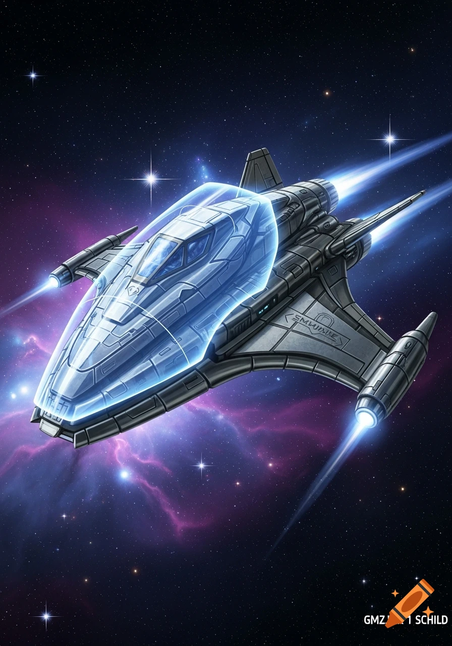 A sleek, futuristic silver and grey spaceship with glowing blue engines and cockpit flying through a star-filled nebula with purple hues.