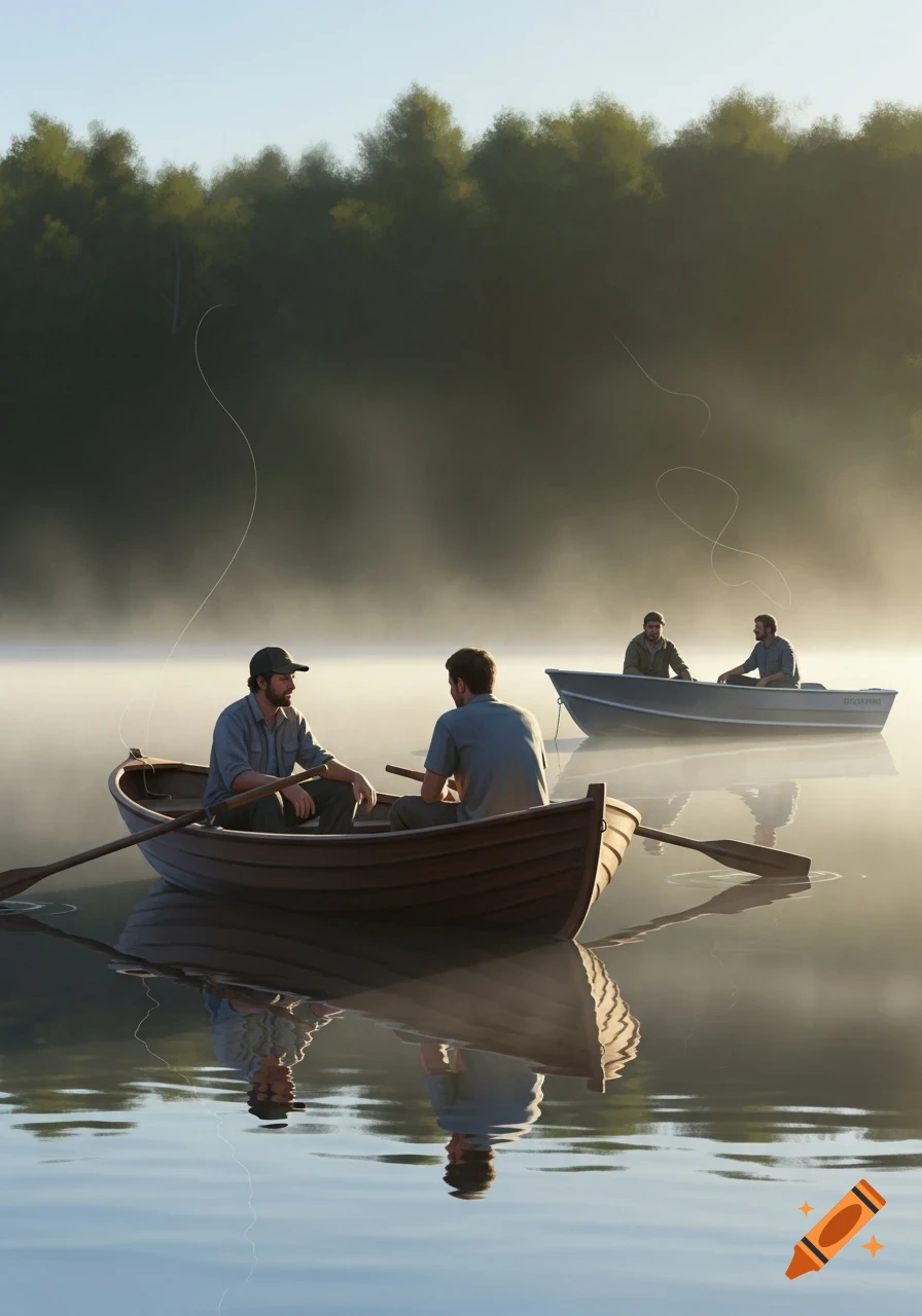 Four men in two boats on a misty lake at sunrise, fishing with reflections on the calm water and a forest in the background.