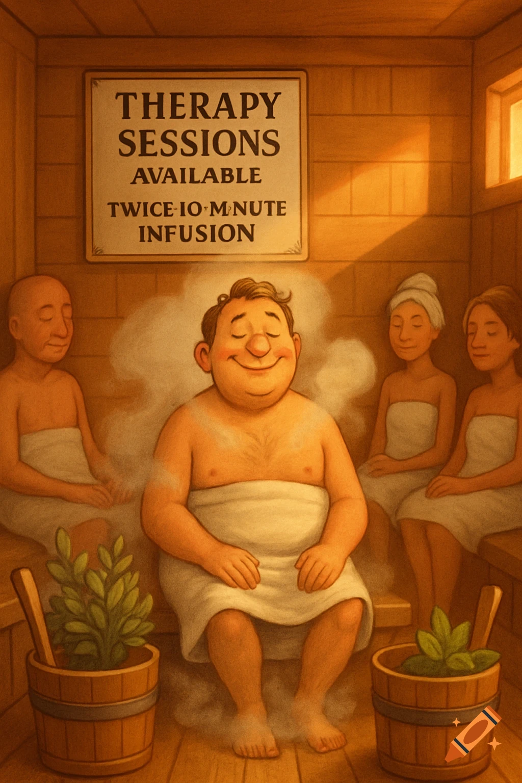 An illustration of people in a wooden sauna, including a smiling man surrounded by steam, with a sign advertising 'THERAPY SESSIONS'.