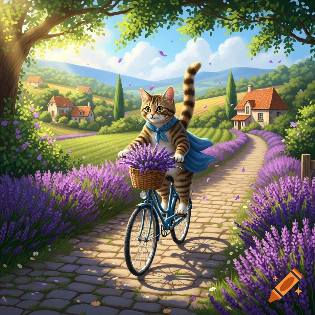 A charming tabby cat in a blue cape rides a bicycle through a vibrant lavender field on a cobblestone path, with houses and hills under a sunny sky.