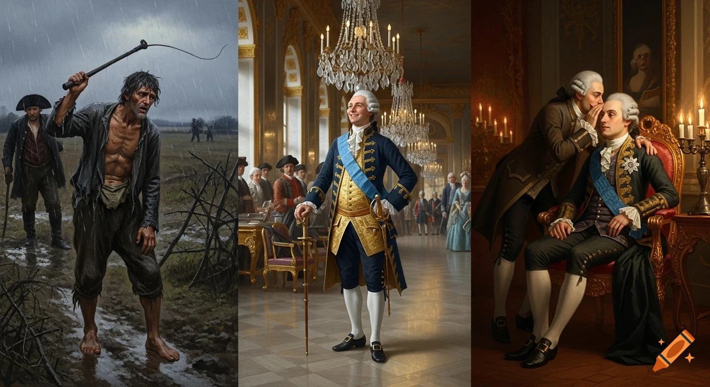 Historical triptych showing a peasant in rain, an elegant nobleman in a palace, and court intrigue.