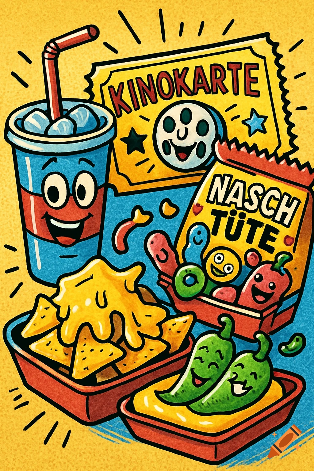 Vibrant comic illustration of cinema snacks: soda, nachos, candy, jalapeños, and a movie ticket, all with smiling faces.