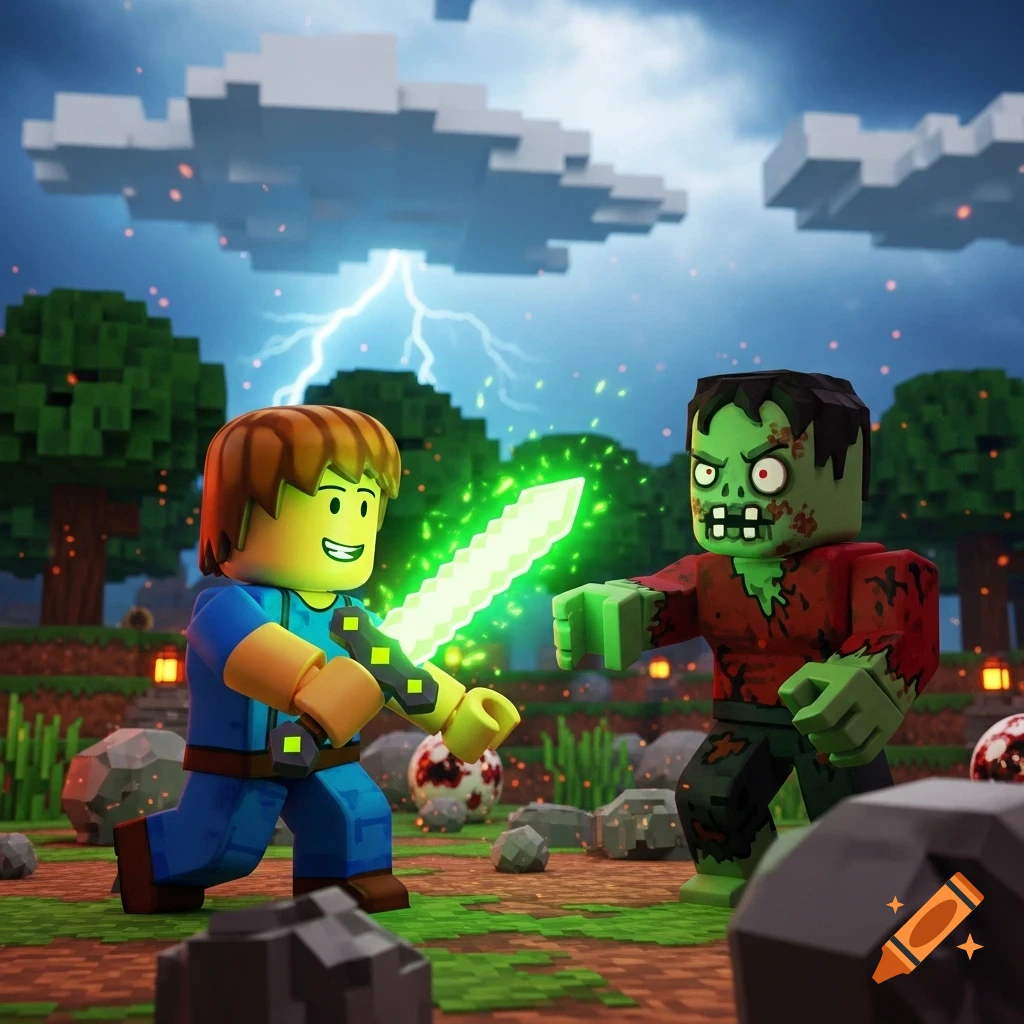 A blocky character in blue and yellow holds a glowing green sword, fighting a green zombie in a blocky landscape with lightning.