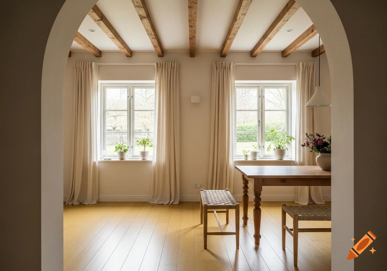 Photorealistic interior of a cozy room with mustard yellow wooden floors, exposed ceiling beams, large windows, and a wooden dining table with stools, viewed through an archway.