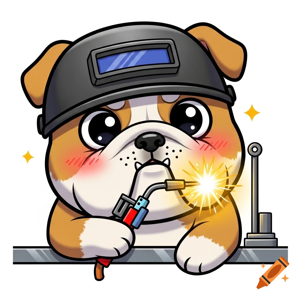 A cute cartoon bulldog wearing a welding helmet and holding a torch, creating sparks, in an emoji style.