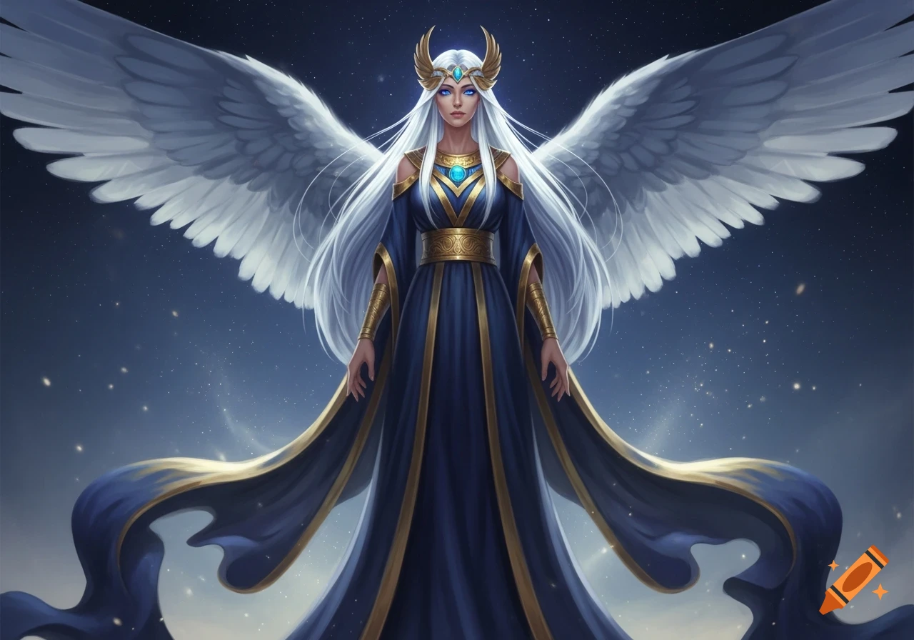 A fantasy goddess with white wings, long white hair, and a blue and gold dress, standing against a starry night sky.