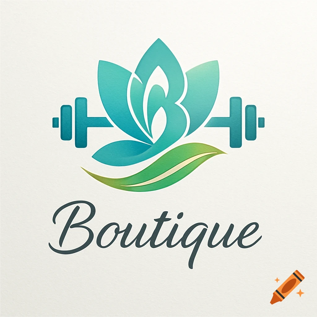 A corporate logo featuring a teal lotus flower with a 'B' inside, flanked by two dumbbells, above the word 'Boutique' in script font.