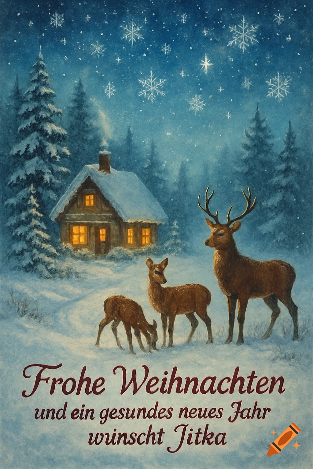 Watercolor Christmas card with a snowy cabin, pine trees, three deer, and 'Frohe Weihnachten' text.
