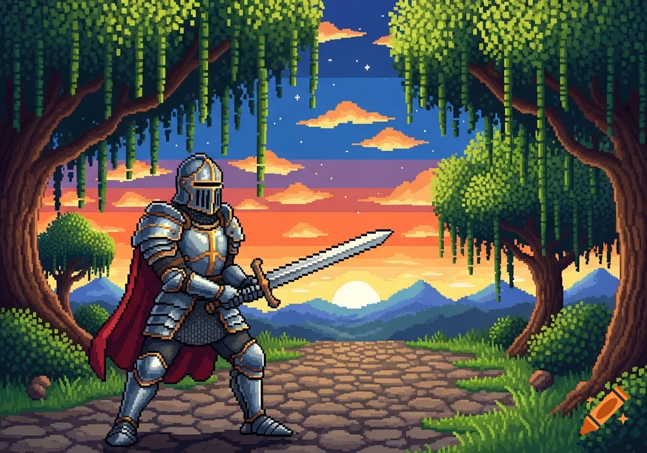 Pixel art knight in full armor and a red cape holds a sword on a stone path, framed by trees against a sunset sky.
