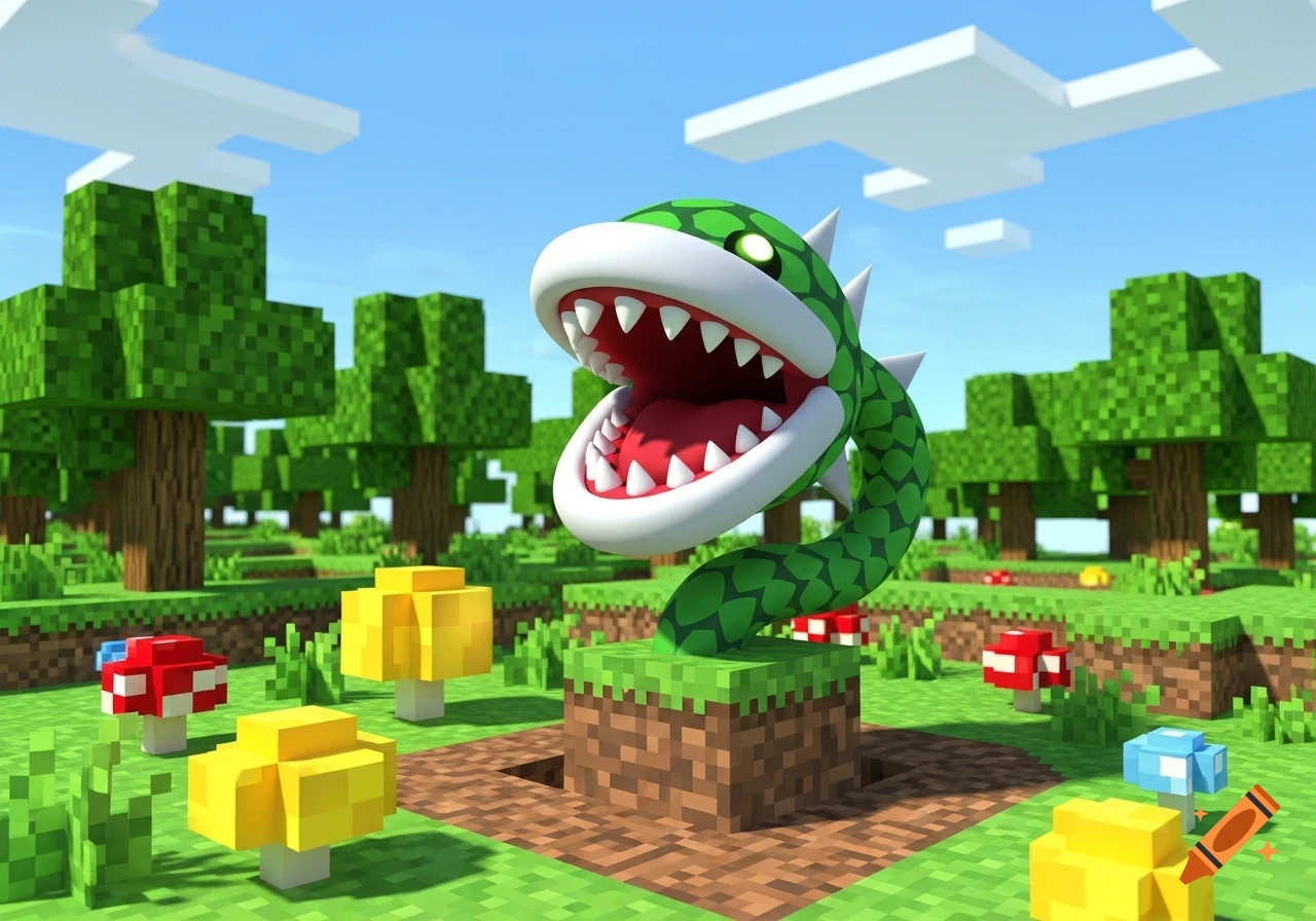 A Piranha Plant from Mario with a snake-like body in a blocky Minecraft forest with trees and mushrooms.