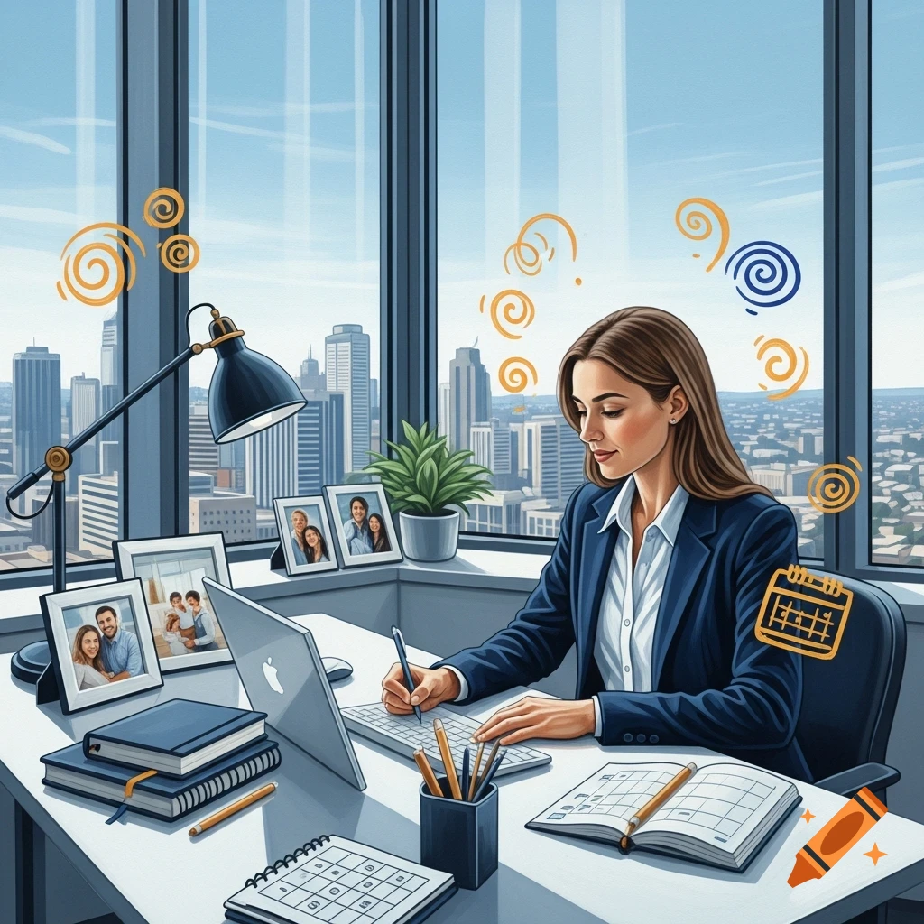 A woman in a suit works at a desk with a laptop and papers, looking out a large window at a city skyline.