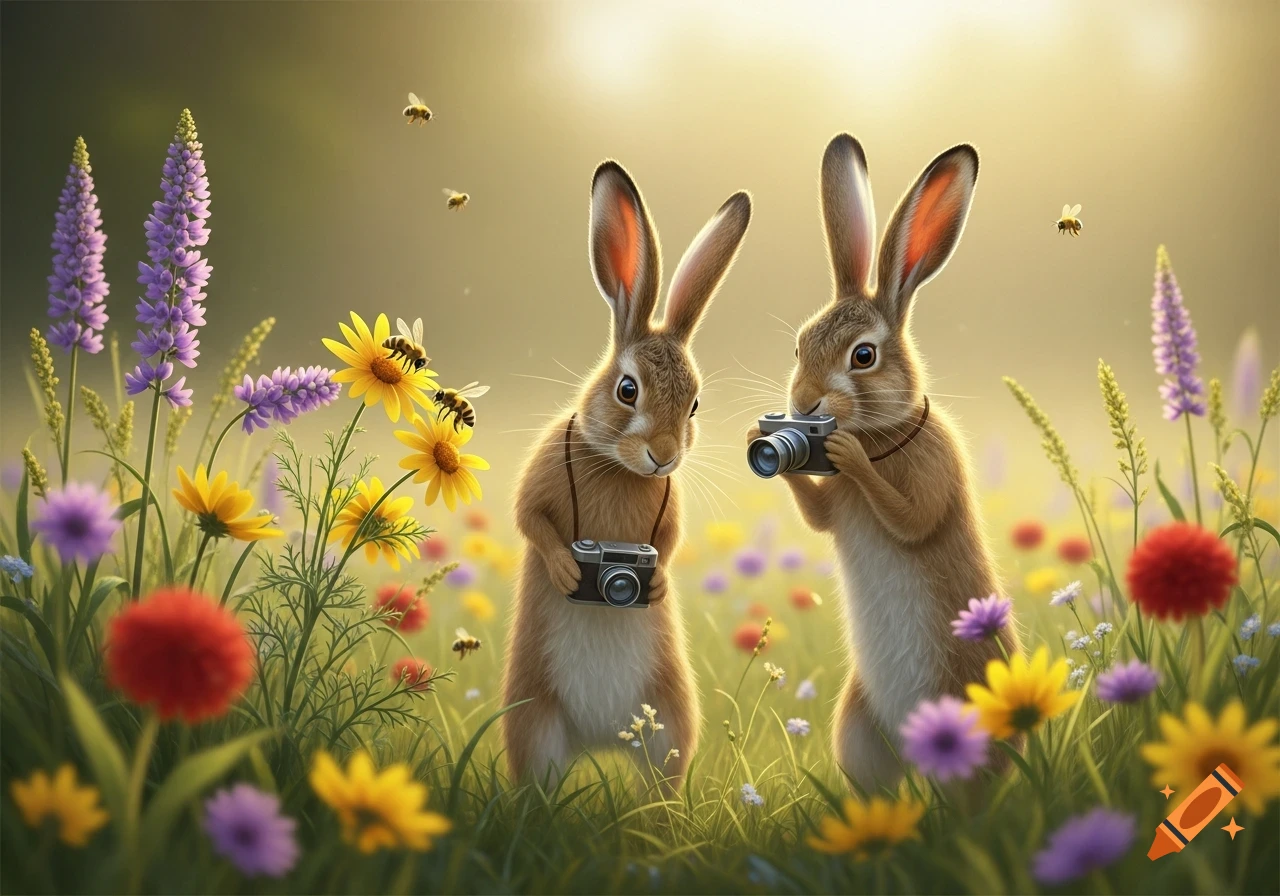 Two charming hares hold cameras in a sunny, vibrant meadow filled with ...