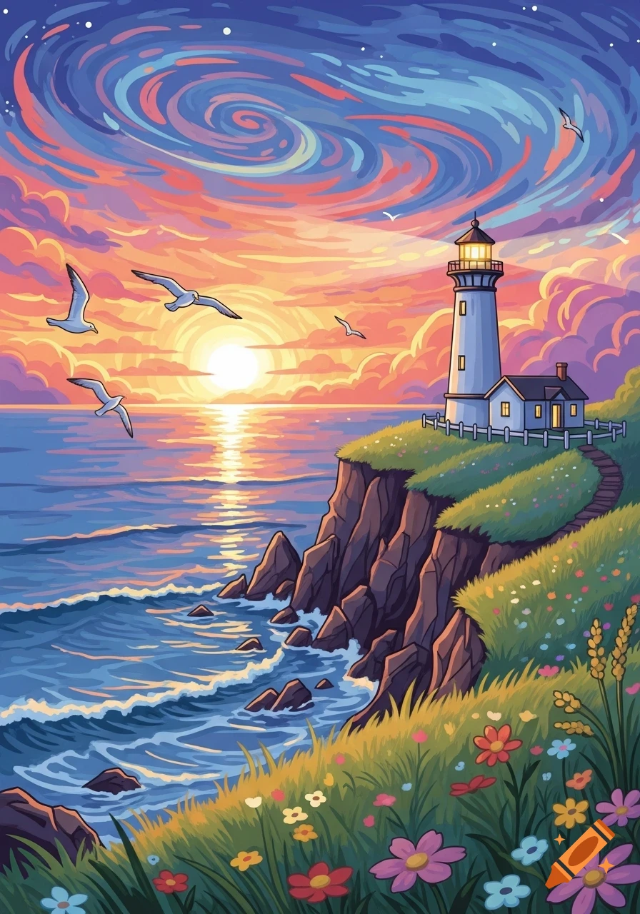 An illustrative landscape of a lighthouse on a cliff overlooking the ocean at sunset, with seagulls flying and colorful flowers.