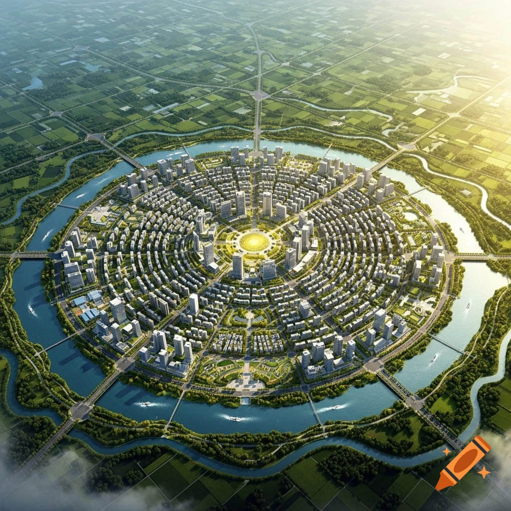 Aerial view of a circular city with concentric rings of buildings, surrounded by a winding river and green farmlands under a bright sky.