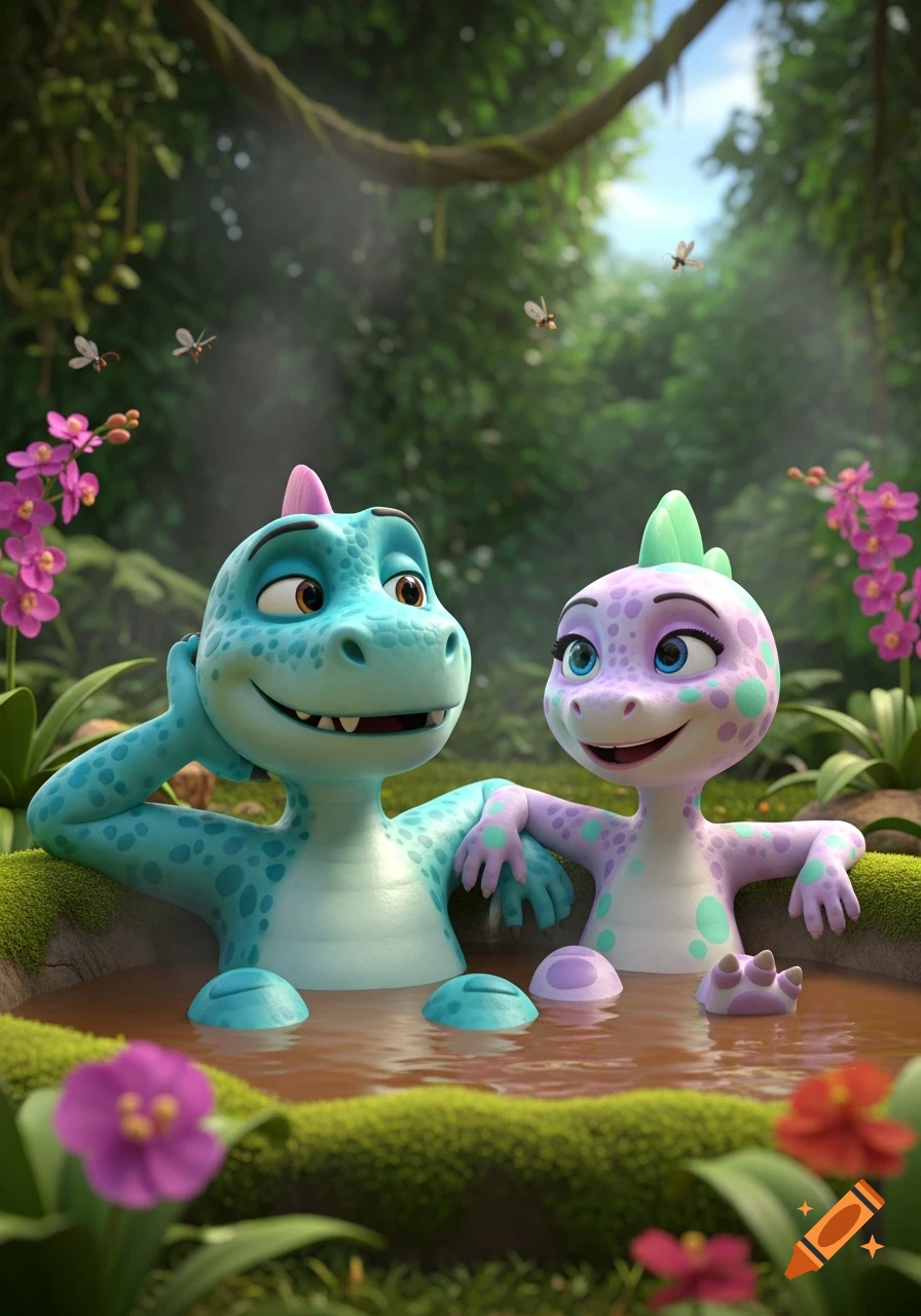 A cute blue and purple cartoon dinosaur couple relaxing in a muddy hot tub in a lush jungle, 3D animation style.