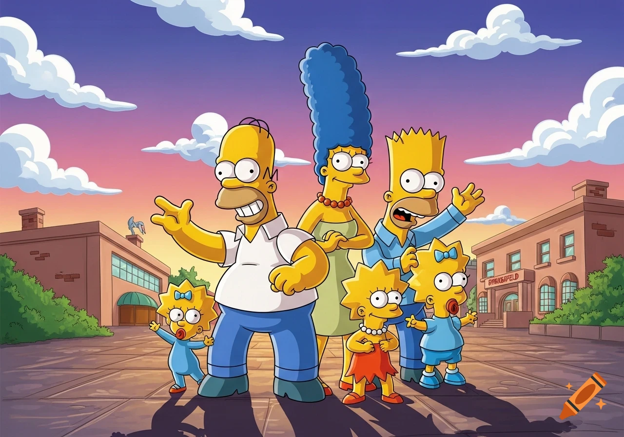 A vibrant cartoon depiction of the Simpsons family (Homer, Marge, Bart, Lisa, Maggie, and another baby) posing outdoors in front of buildings at sunset.