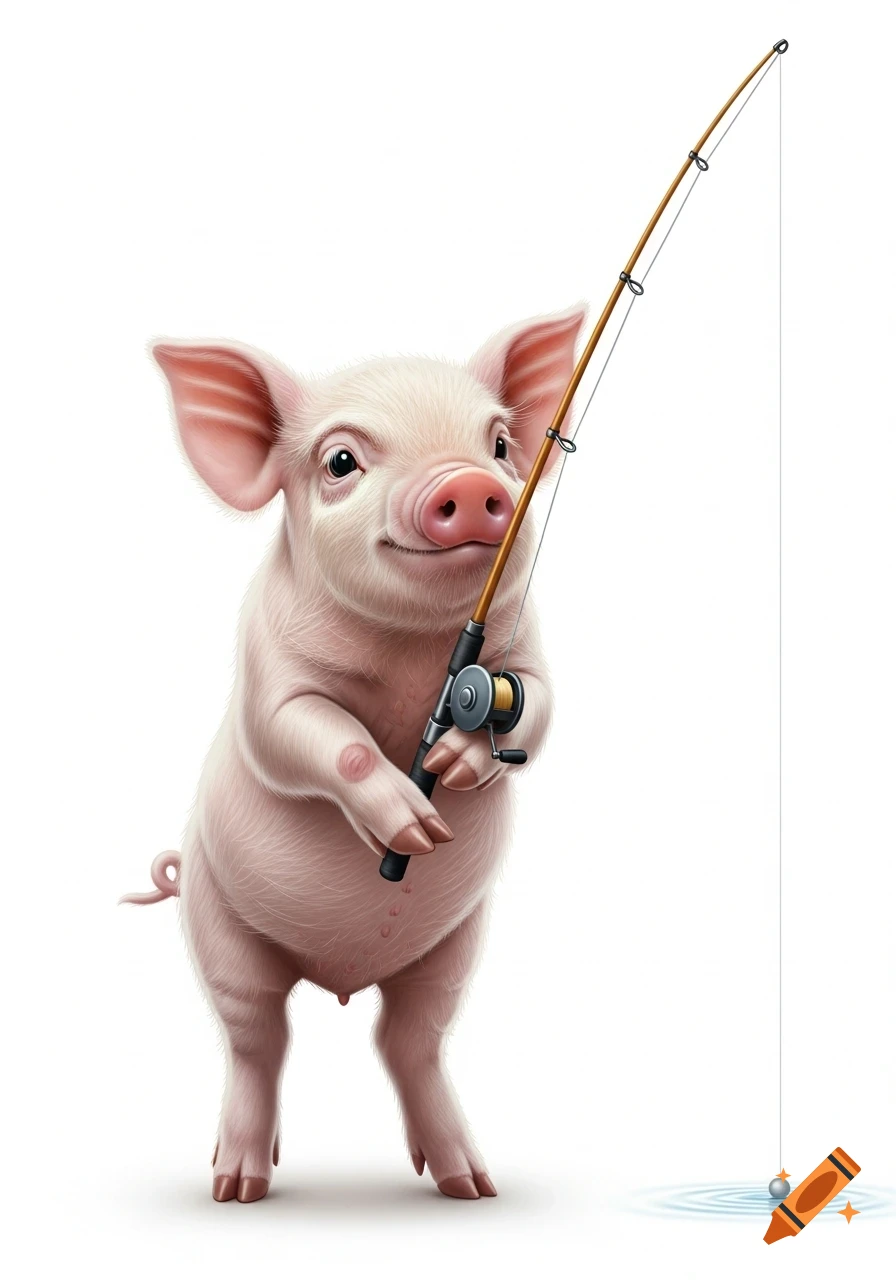 A cute, photorealistic piglet stands and smiles while holding a fishing rod on a white background, with its line in the water.