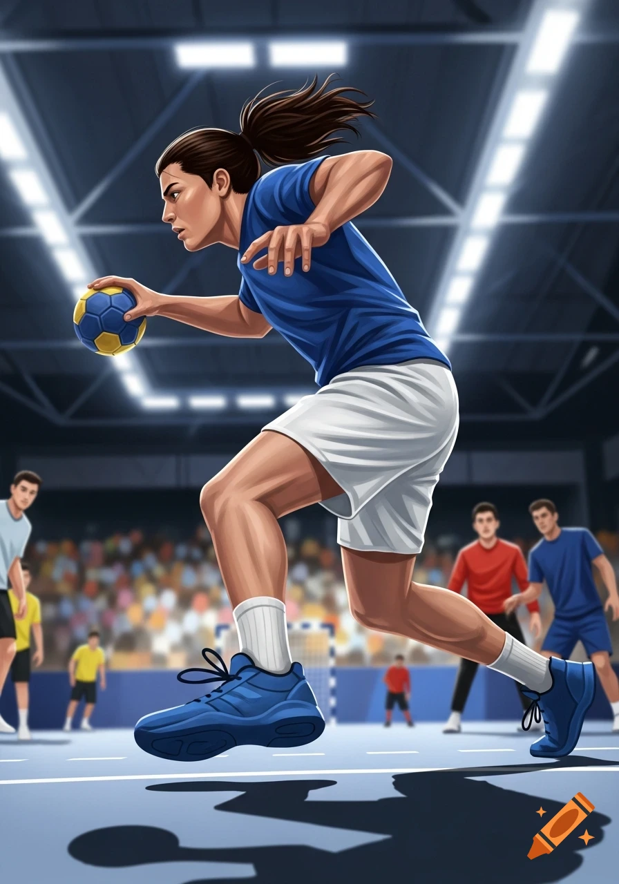A stylized illustration shows a male handball player in a blue shirt and white shorts dribbling a blue and yellow ball on a court during a game.