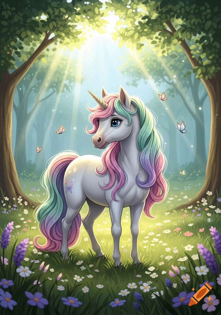A cute white unicorn with a rainbow mane and tail stands in a sunlit magical forest filled with wildflowers and butterflies.