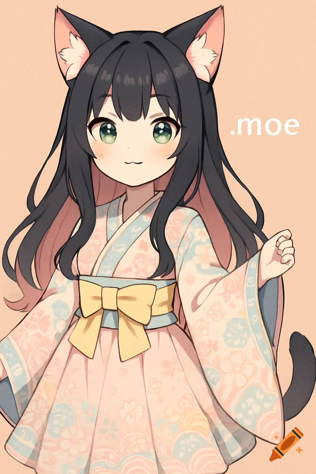 Anime cat girl with black hair and green eyes wearing a pink floral kimono-style dress, with .moe in the corner.