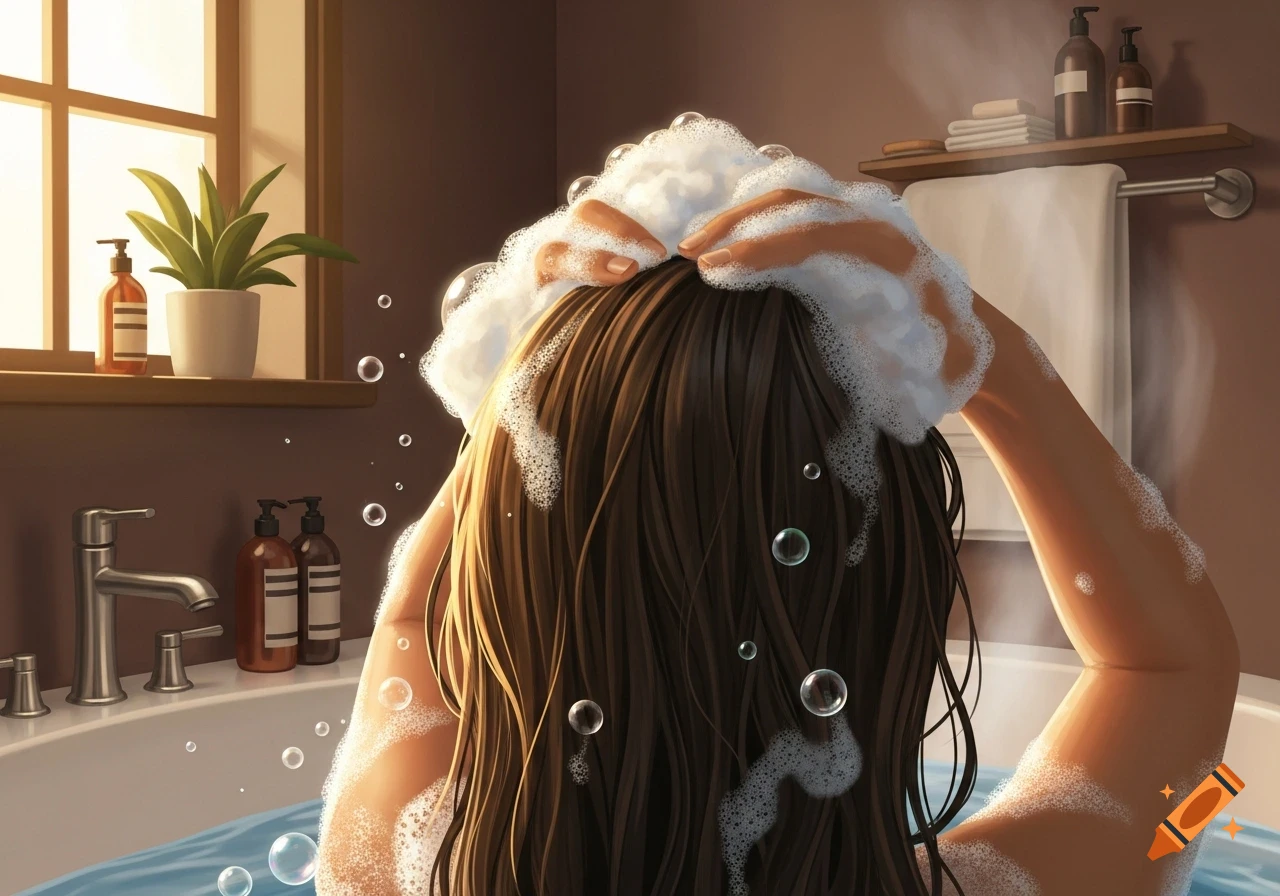 Person washing long brown hair with shampoo in a bathtub, viewed from behind in an illustrated style.
