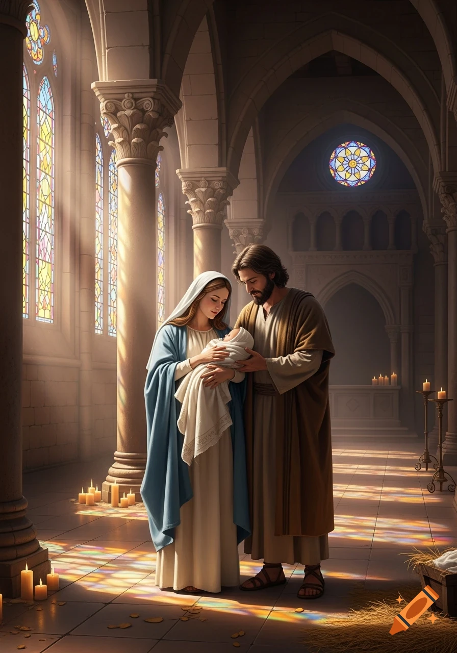 Mary and Joseph hold baby Jesus in a sunlit temple with stained glass windows.