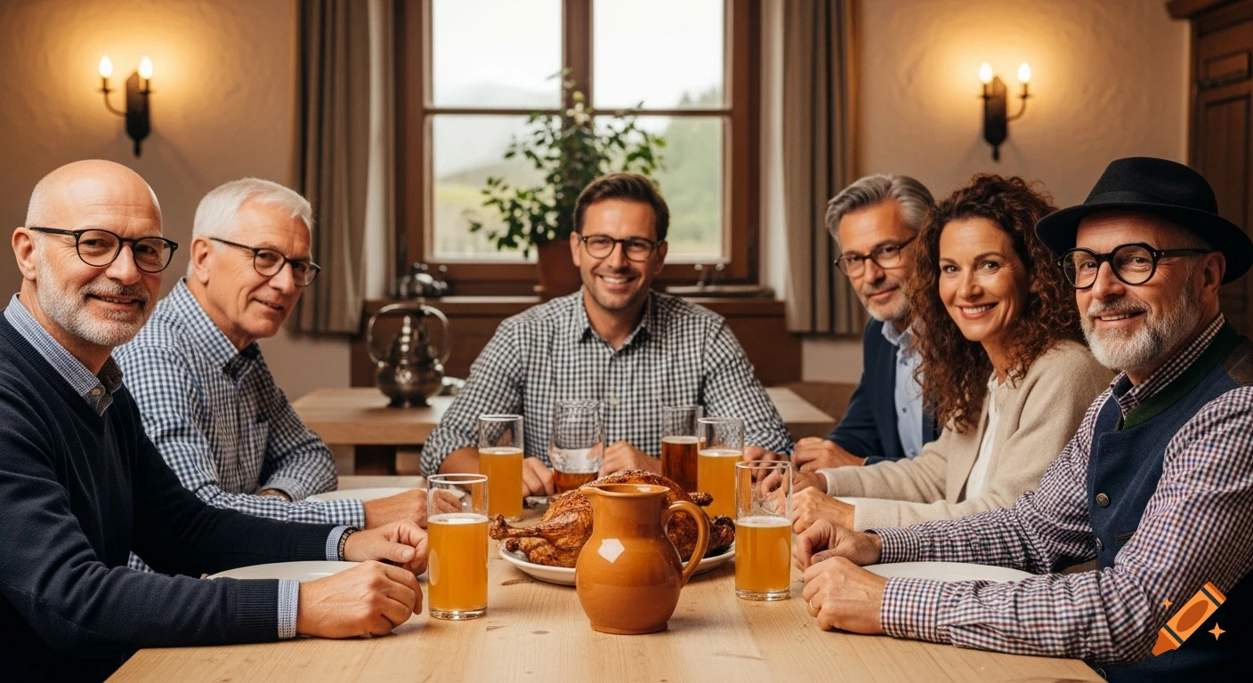 Six smiling adults, four men and two women, dine at a wooden table with roasted poultry and glasses of a light beverage in a rustic setting.