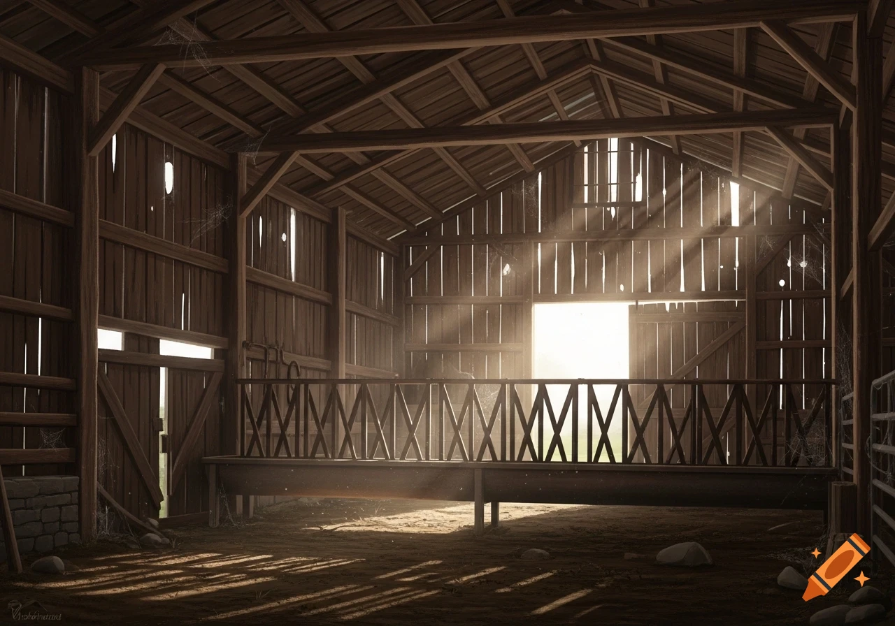 Interior of an old wooden barn, sunbeams pierce through gaps, illuminating dust and shadows on the dirt floor.