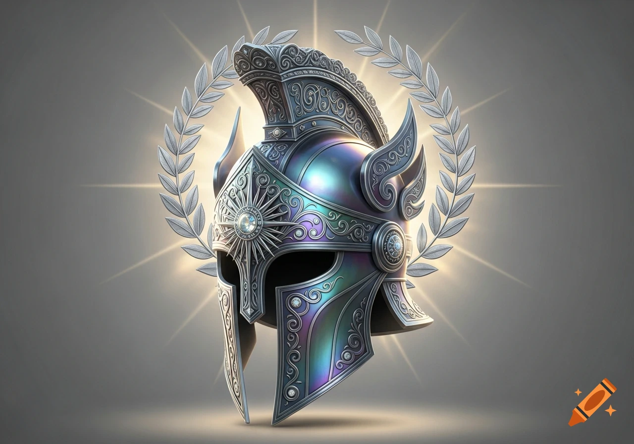 An ornate, iridescent metallic helmet with intricate designs, a central gemstone, glowing halo, and a laurel wreath.