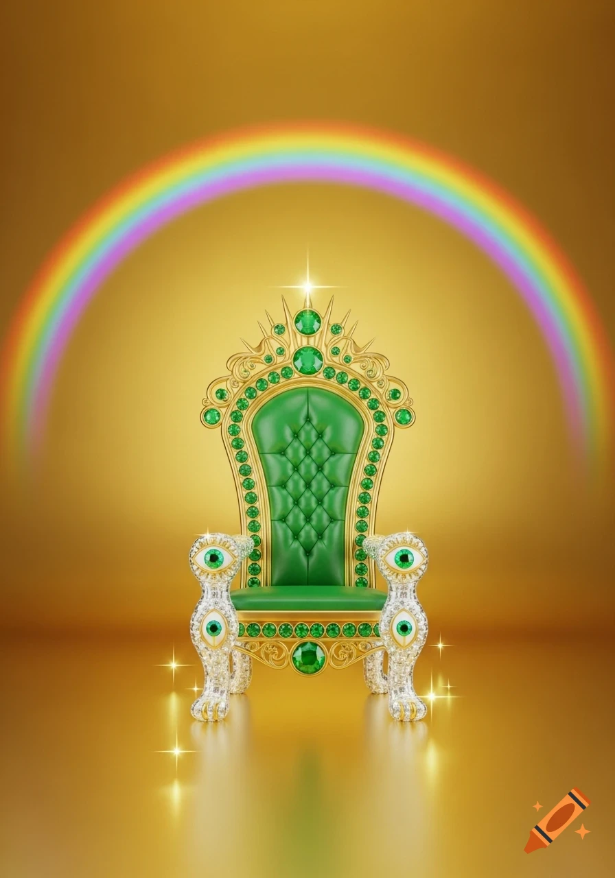 A lavish golden throne decorated with green emeralds and eye-like designs on its legs, beneath a rainbow against a golden background.