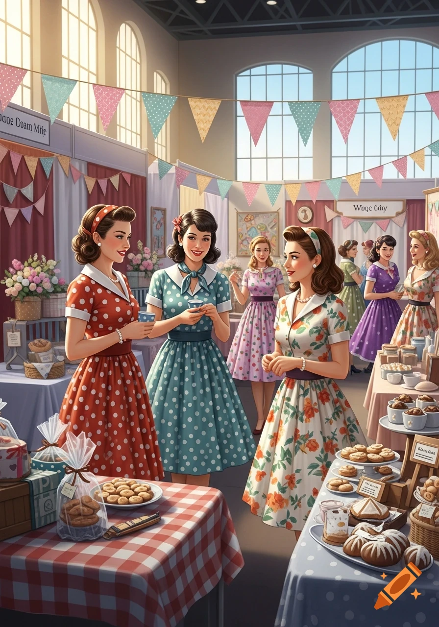 Women in retro polka dot and floral dresses at a bright market stall filled with baked goods, in an illustration style.