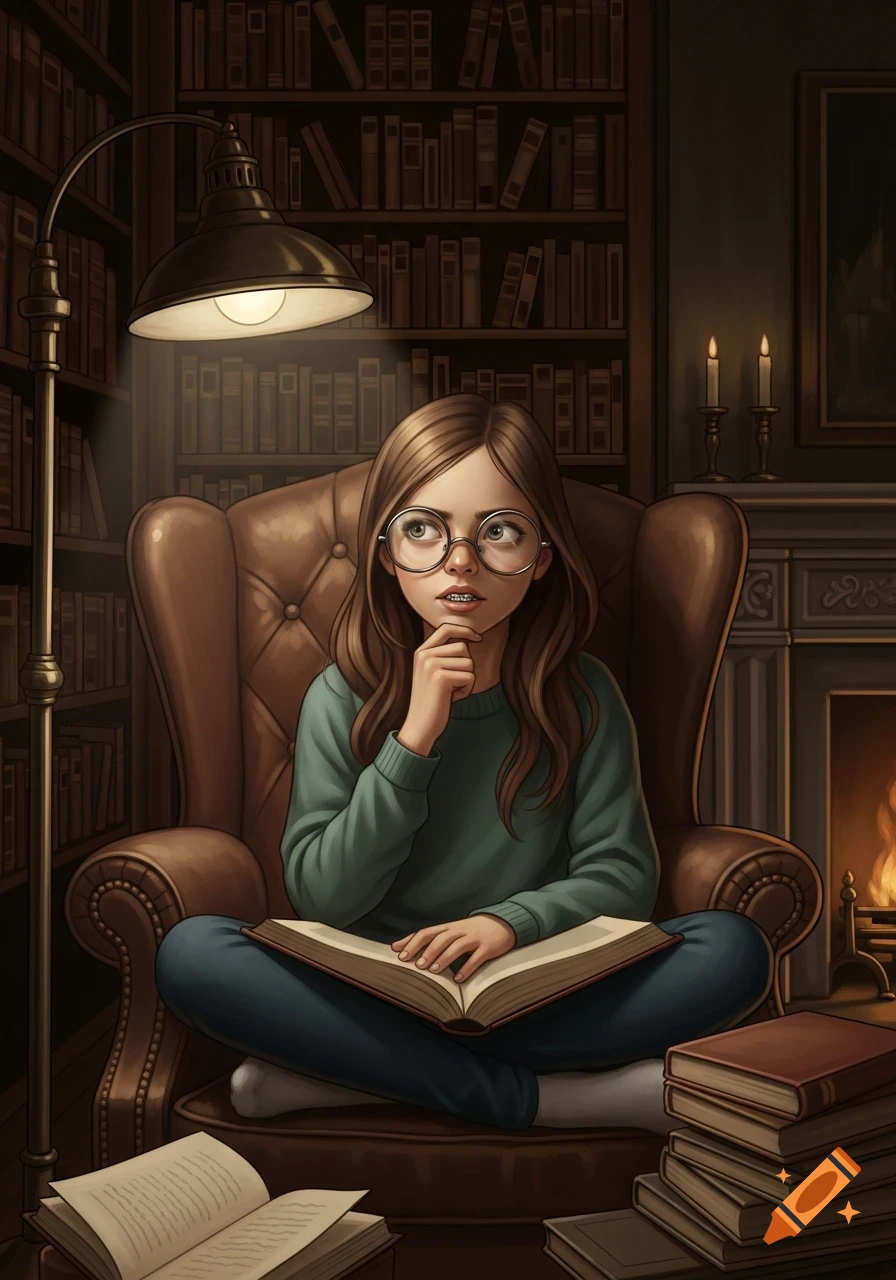 An illustrated young girl with glasses and braces sits cross-legged in a brown armchair, reading a book in a dimly lit library.