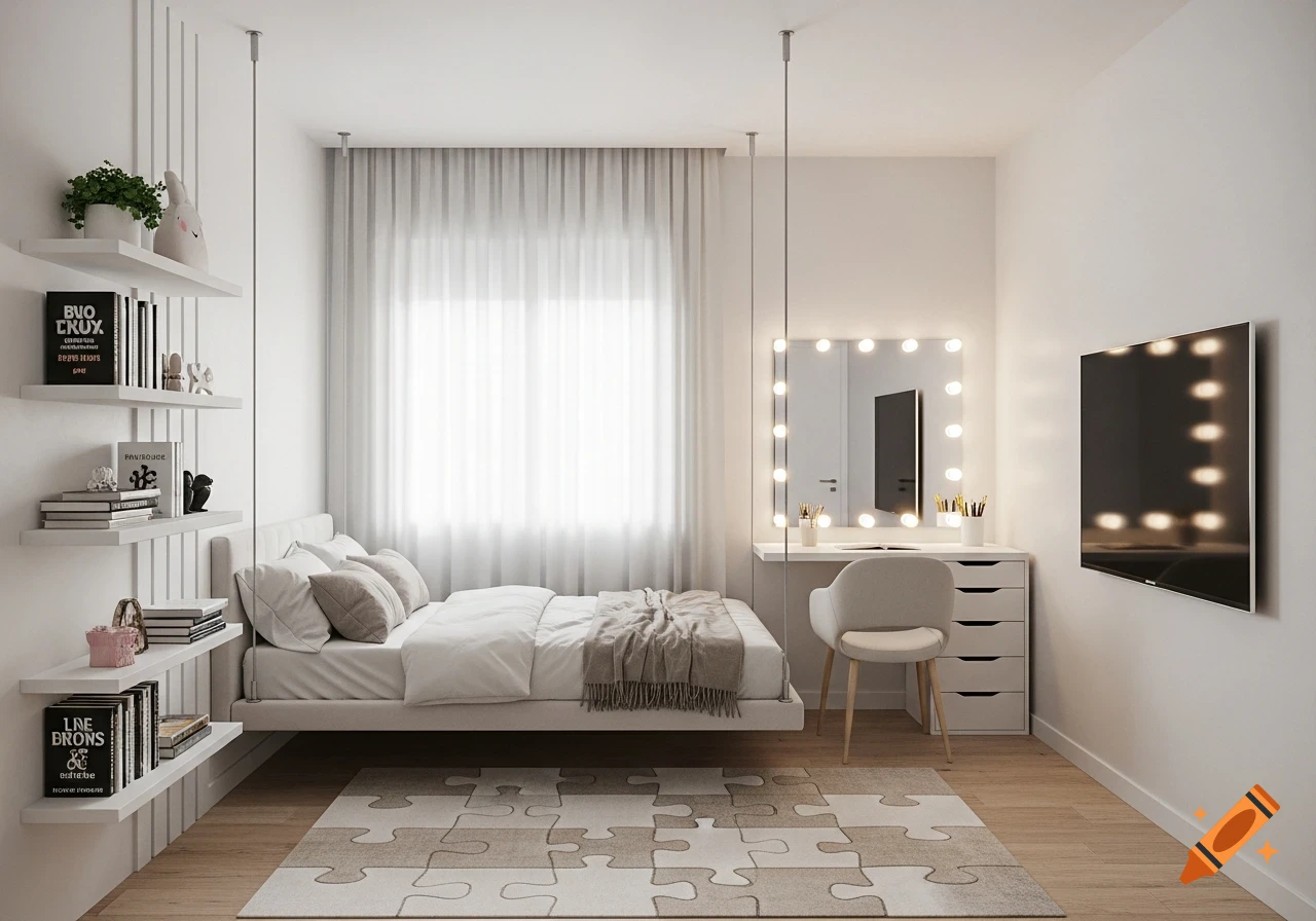A modern, minimalist bedroom with a floating bed, vanity mirror, wall-mounted TV, and white shelves with books and plants.