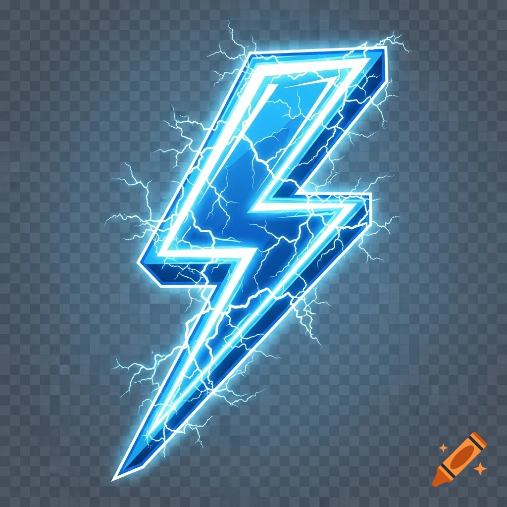 A vibrant blue electric lightning bolt with a glowing outline and crackling electricity, on a transparent background.