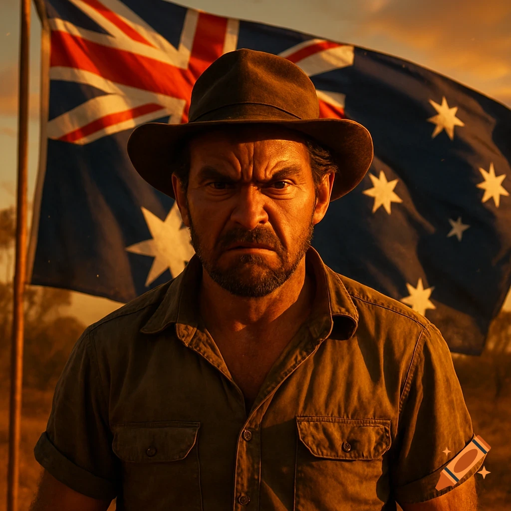 A photorealistic portrait of an angry Australian man in a hat and shirt standing before a large Australian flag at sunset.
